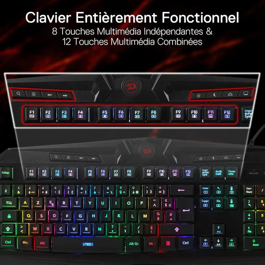 Clavier Gaming Filiaire Redragon K503 AZERTY, rétroéclairage LED RGB, touches multimédia, clavier à membrane silencieuse avec repose-poignets