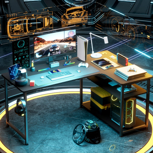 COMHOMA Bureau Gaming en Forme de L, Bureau d’Angle avec Étagères Rangement, Table imformatique avec Port de Charge USB et Prise de Courant, 120L*80P*74H, pour Jouer, Travailler