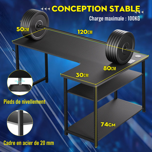 COMHOMA Bureau Gaming en Forme de L, Bureau d’Angle avec Étagères Rangement, Table imformatique avec Port de Charge USB et Prise de Courant, 120L*80P*74H, pour Jouer, Travailler