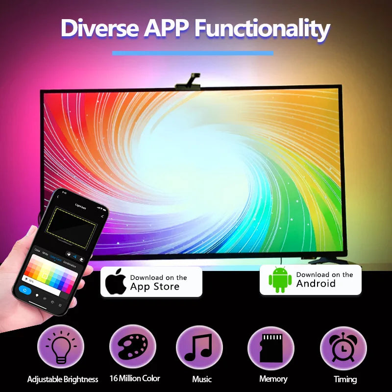 Bande de rétro-éclairage TV LED RGBIC, avec caméra, contrôle par application, synchronisation de la musique, lumières intelligentes pour salle de jeux, éclairage d'ambiance 55-75 pouces