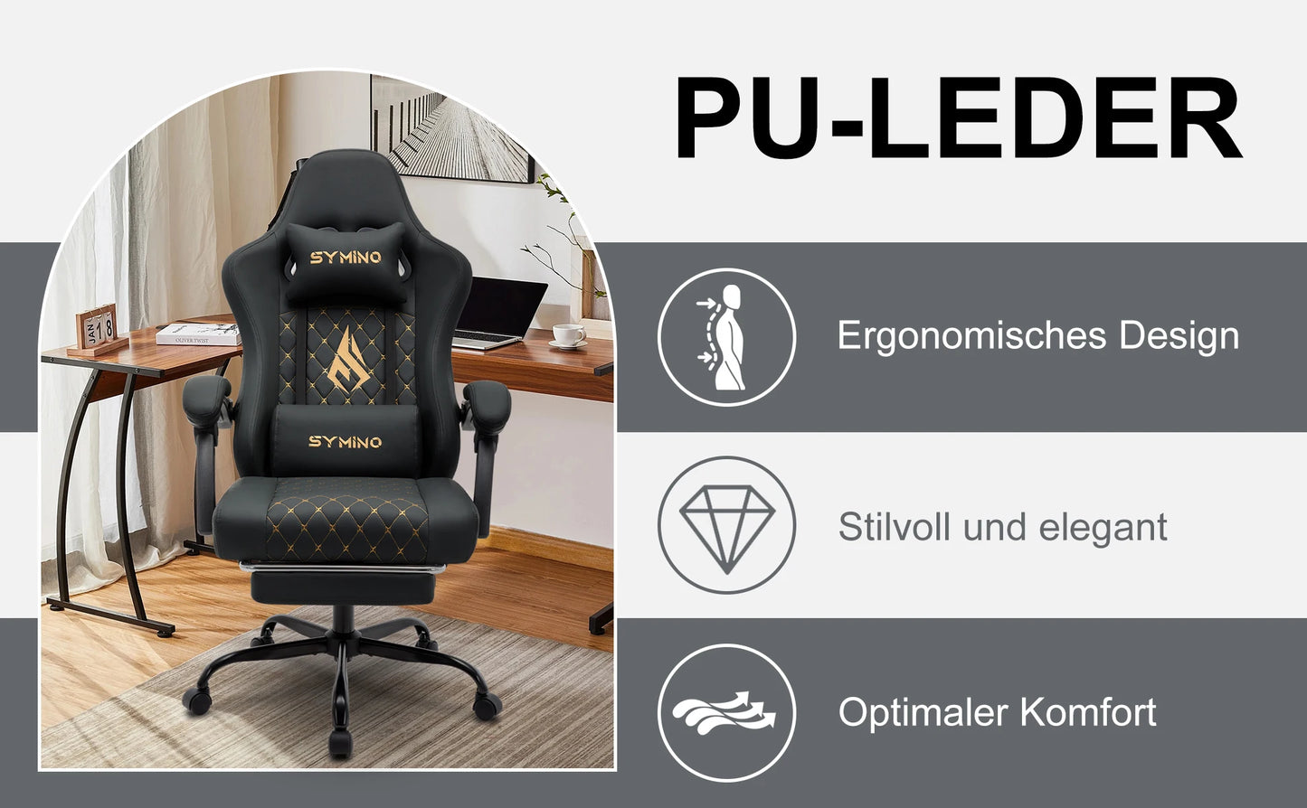 Chaise Gaming Symino – Style Course, Repose‑Pieds et Accoudoirs Réglables, Support jusqu’à 200 kg