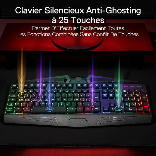 Clavier Gaming Filiaire Redragon K503 AZERTY, rétroéclairage LED RGB, touches multimédia, clavier à membrane silencieuse avec repose-poignets