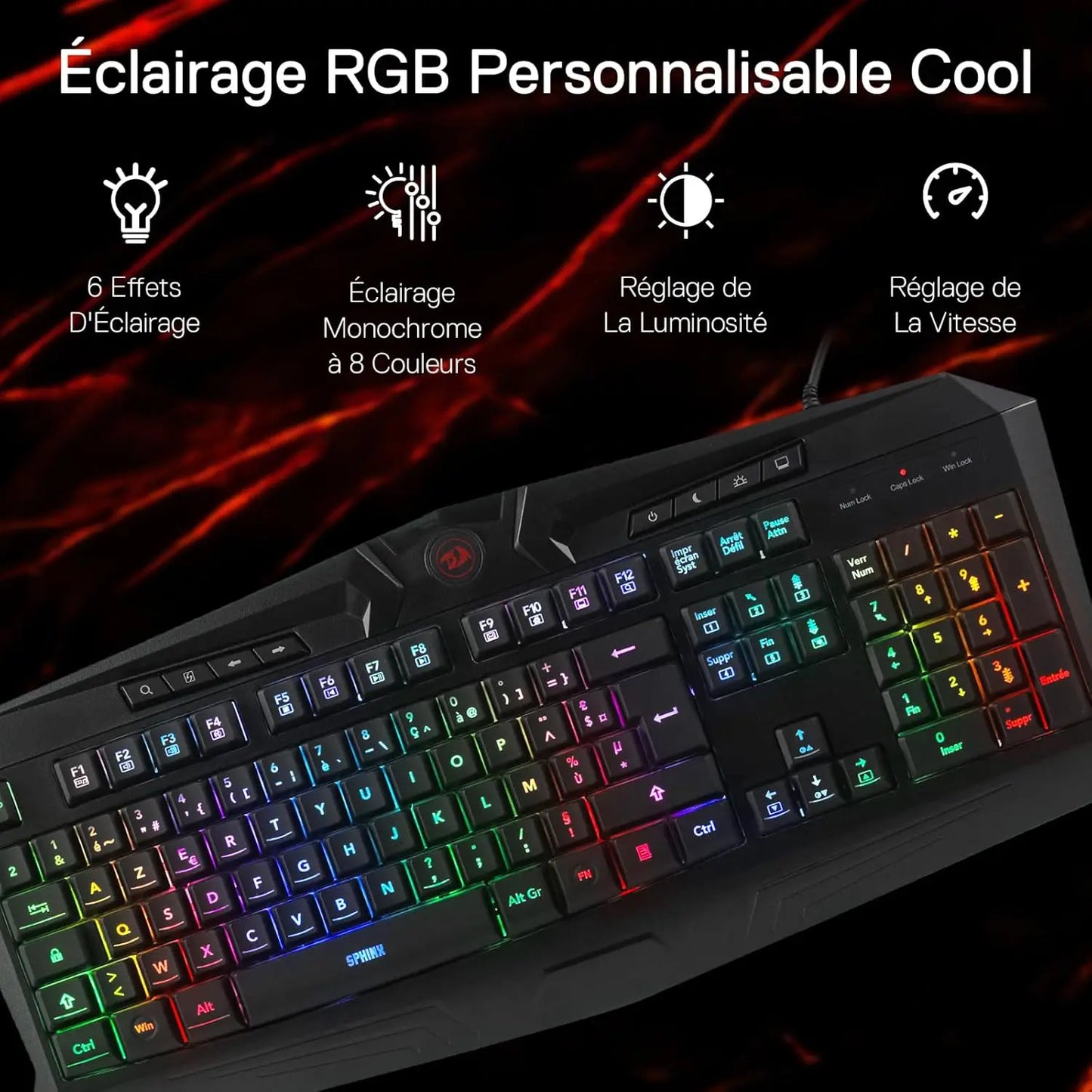 Clavier Gaming Filiaire Redragon K503 AZERTY, rétroéclairage LED RGB, touches multimédia, clavier à membrane silencieuse avec repose-poignets