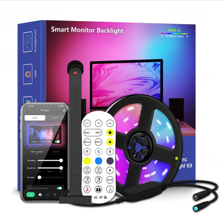 Bande de rétro-éclairage TV LED RGBIC, avec caméra, contrôle par application, synchronisation de la musique, lumières intelligentes pour salle de jeux, éclairage d'ambiance 55-75 pouces