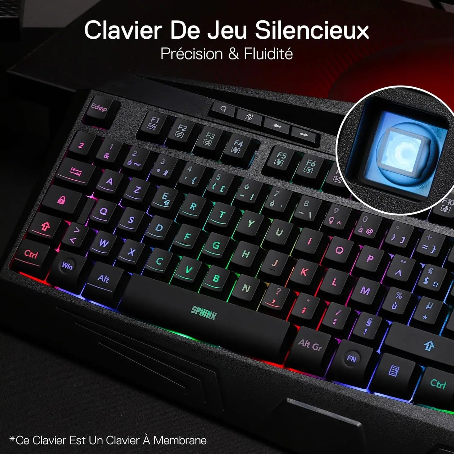Clavier Gaming Filiaire Redragon K503 AZERTY, rétroéclairage LED RGB, touches multimédia, clavier à membrane silencieuse avec repose-poignets