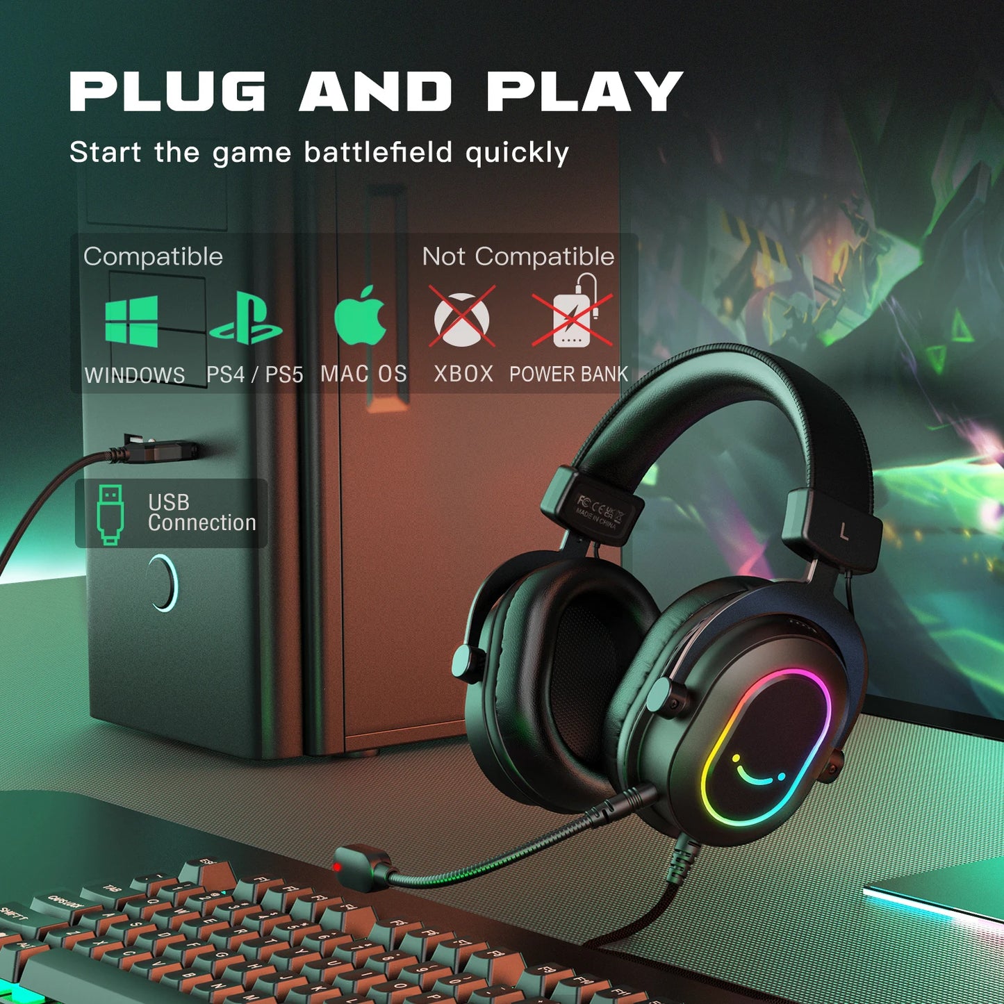 "Fifine Dynamic RGB Headset – Son Surround 7.1 pour Jeu, Film & Musique"