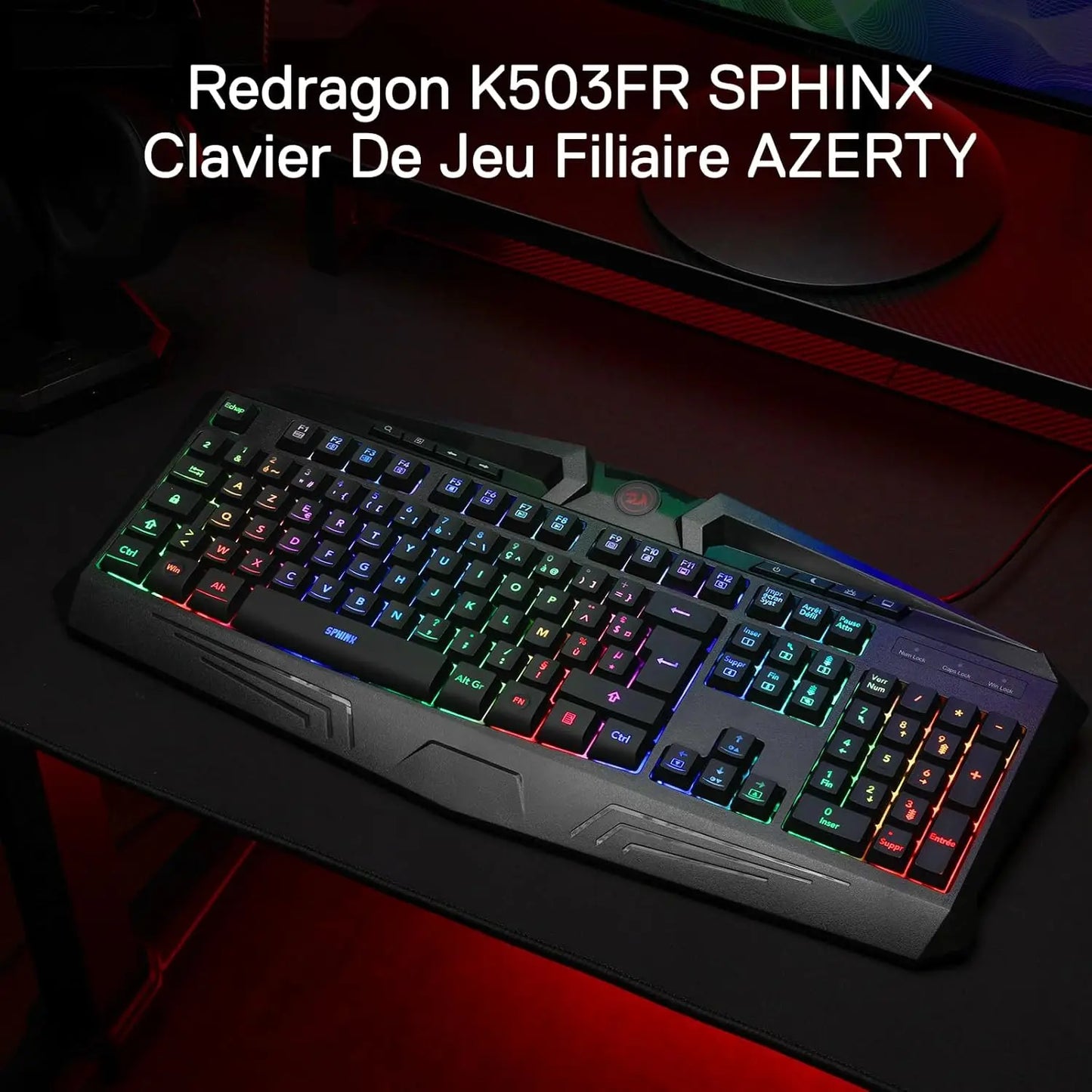 Clavier Gaming Filiaire Redragon K503 AZERTY, rétroéclairage LED RGB, touches multimédia, clavier à membrane silencieuse avec repose-poignets