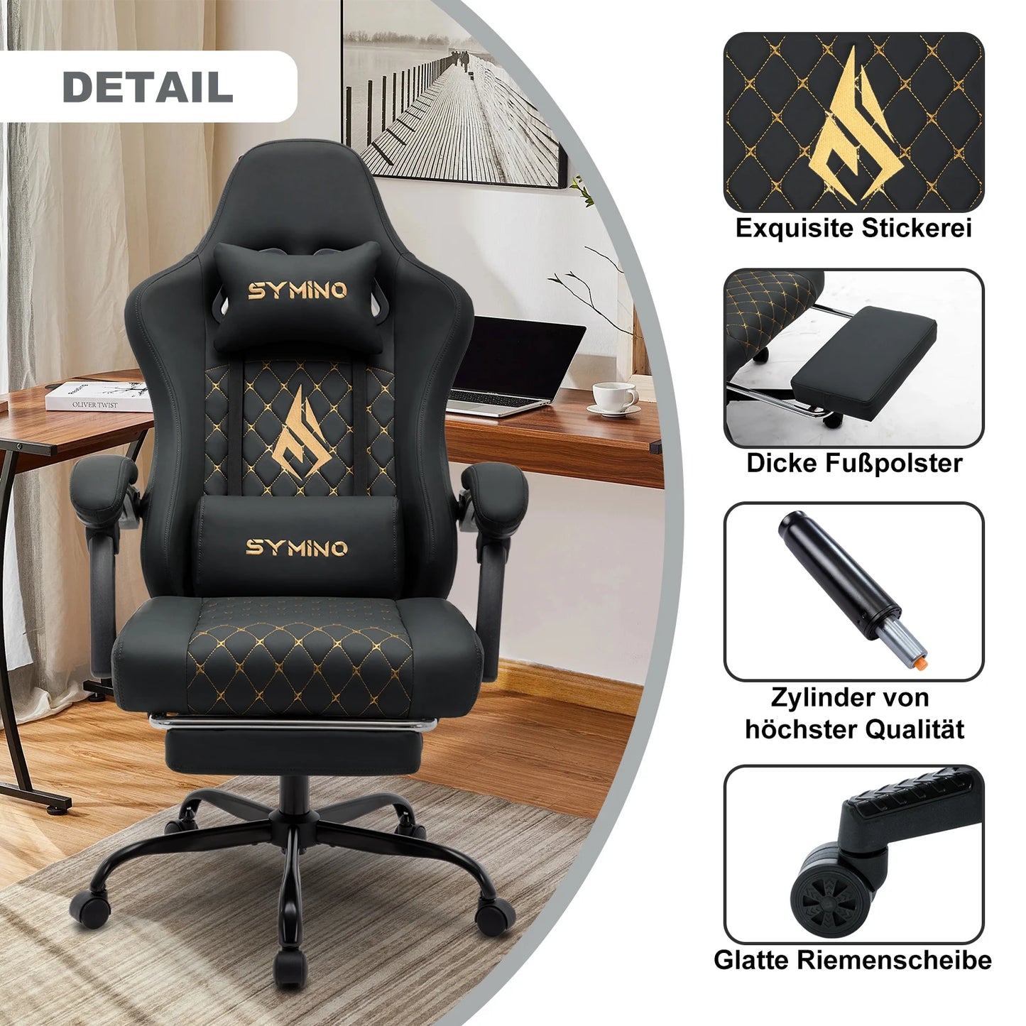 Chaise Gaming Symino – Style Course, Repose‑Pieds et Accoudoirs Réglables, Support jusqu’à 200 kg