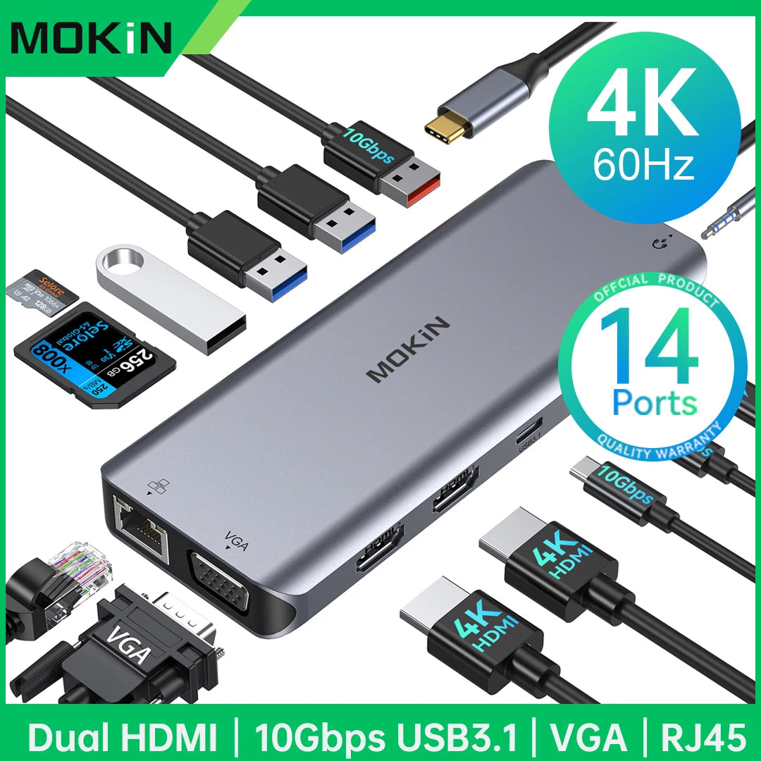 Hub USB-C MOKiN 4K 60Hz – Adaptateur Type-C vers HDMI, DP, VGA, Ethernet, USB 3.1, PD 100W pour MacBook, PC et Accessoires Gaming