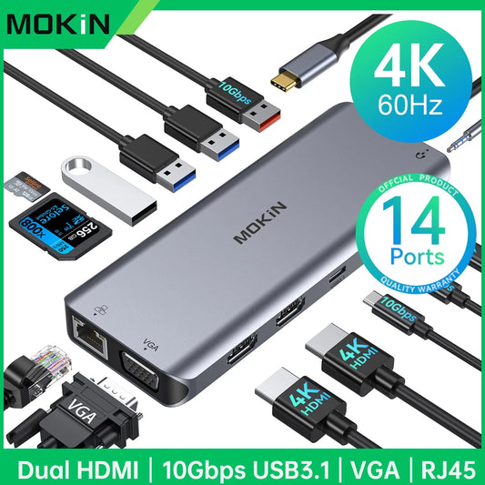 Hub USB-C MOKiN 4K 60Hz – Adaptateur Type-C vers HDMI, DP, VGA, Ethernet, USB 3.1, PD 100W pour MacBook, PC et Accessoires Gaming