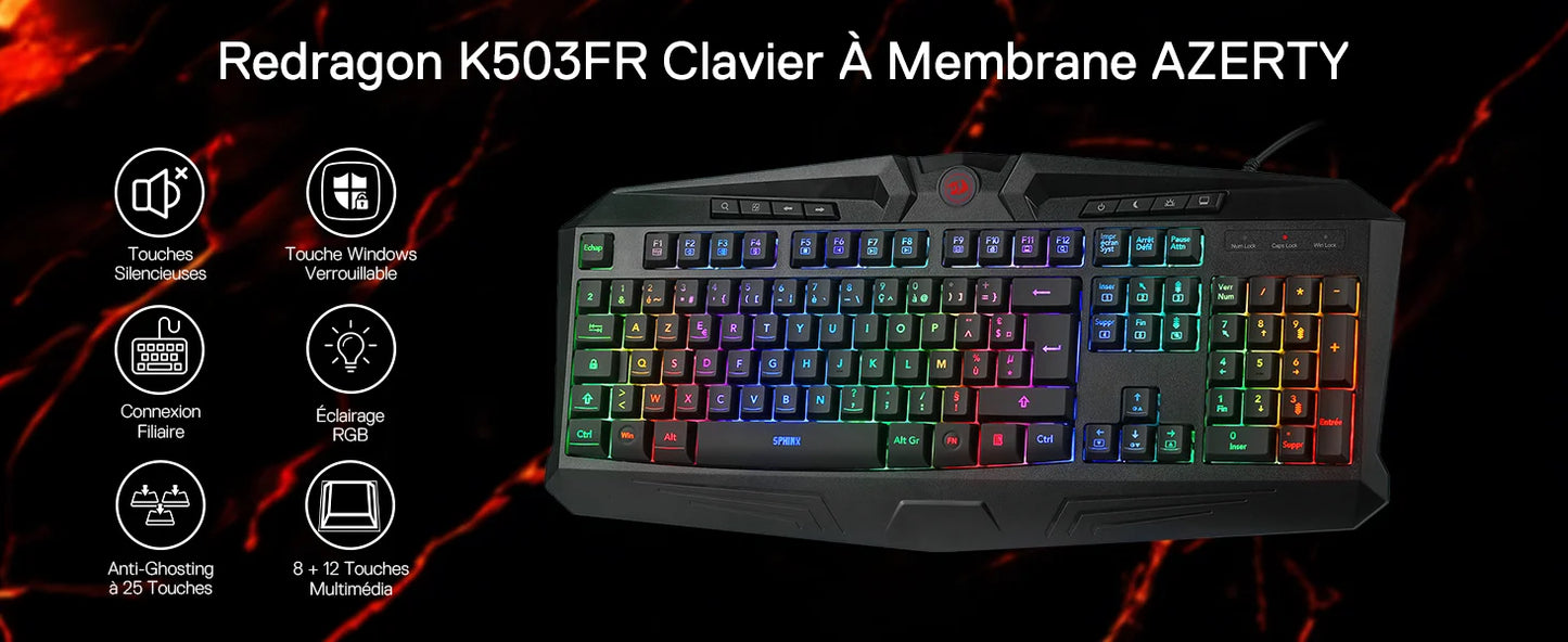 Clavier Gaming Filiaire Redragon K503 AZERTY, rétroéclairage LED RGB, touches multimédia, clavier à membrane silencieuse avec repose-poignets