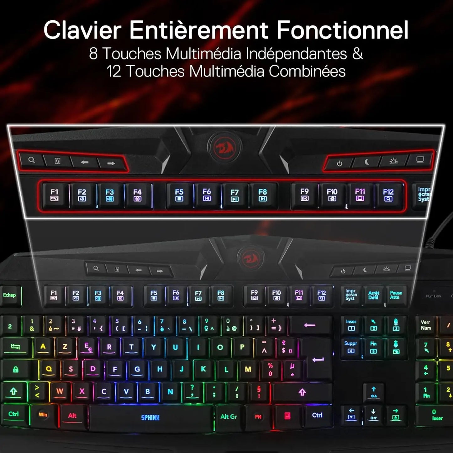 Clavier Gaming Filiaire Redragon K503 AZERTY, rétroéclairage LED RGB, touches multimédia, clavier à membrane silencieuse avec repose-poignets