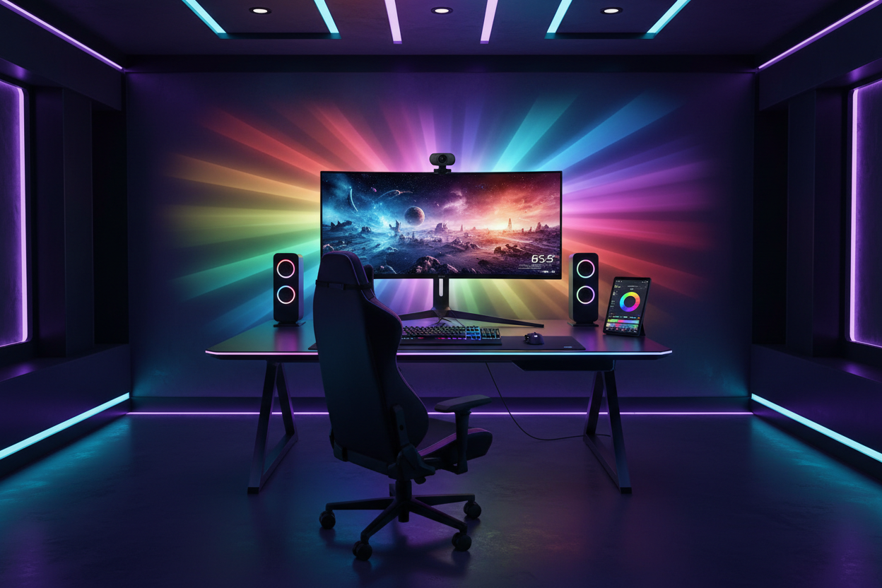 genere moi un image pour ça Bande de rétro-éclairage TV LED RGBIC, avec caméra, contrôle par application, synchronisation de la musique, lumières intelligentes pour salle de jeux, éclairage d'ambiance 55-75 pouces sachant que mon site et spécial pour les gameur, gameuse avec des setup est accessoires stylé 