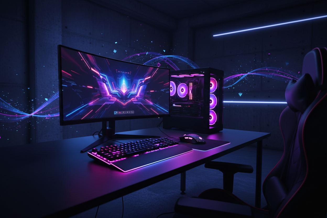 Genere moi une image de gaming, qui attire les clients, themes assez sombre 